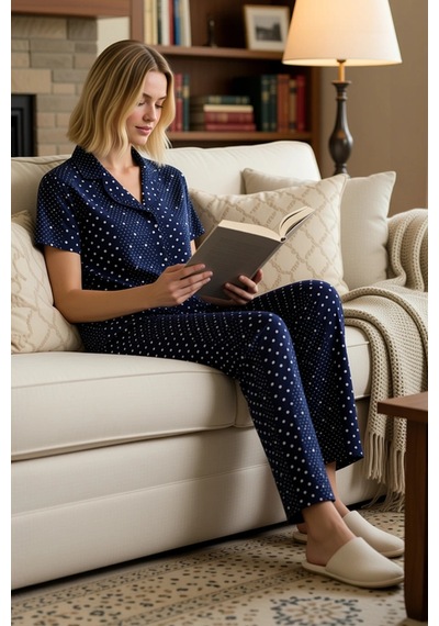 Benerly Kadın Gömlek Yaka Kısa Kol Puantiyeli Regular Kalıp Pijama Takımı lacivert