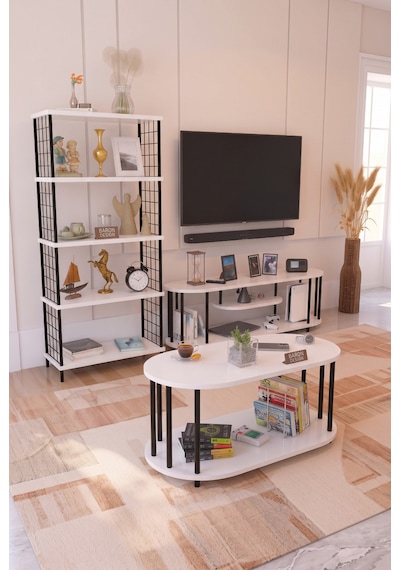 Salon Oturma Odası Takımı Metal Ayaklı Tv Ünitesi Kitaplık Orta Sehpa Avantajlı Mobilya Seti Beyaz Salon Oturma Odası Takımı Metal Ayaklı Tv Ünitesi Kitaplık Orta Sehpa Avantajlı Mobilya Seti Beyaz