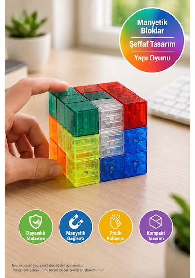 Manyetik Küp Blok 7 Parça Şeffaf Renkli Zeka Ve Stem Yapı Oyuncağı 54 Kartlı 6 X 6 X 6 Cm