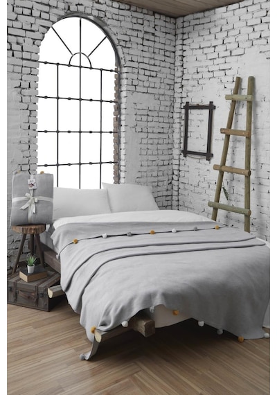 Dolce Bonita Home Tek Kişilik Ponponlu Pike Battaniye 150x200 Gri