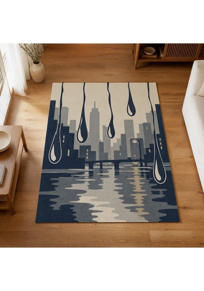 Kartela Halı Yağmur Şehir Silüetli Modern Halı Lacivert Kaymaz Taban Makinede Yıkanabilir 160x240 Cm