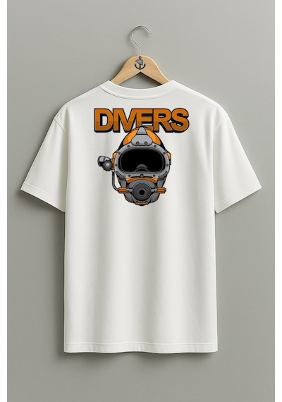 Oversize Divers Dalgıç Başlığı Göğüs Ve Sırt Tasarımlı Unisex T-shirt Beyaz