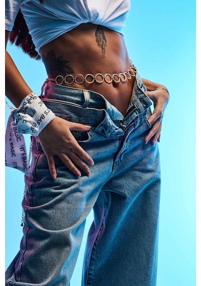 it's basic Kadın Kot Rengi 4s6-32 Barrel Fit Bol Kesim Çift Kemer Detaylı Tasarım Denim Jean Mavi
