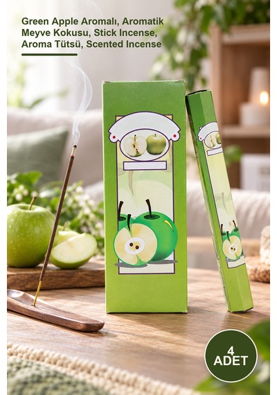 4 Adet Çubuk Tütsü Green Apple Aromalı, Aromatik Meyve Kokusu, Stick Incense, Aroma Tütsü, Scented Incense