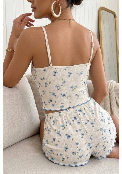 Bella Notte Ekru Çiçek Desenli Soft İp Askılı Şortlu Pijama Takımı