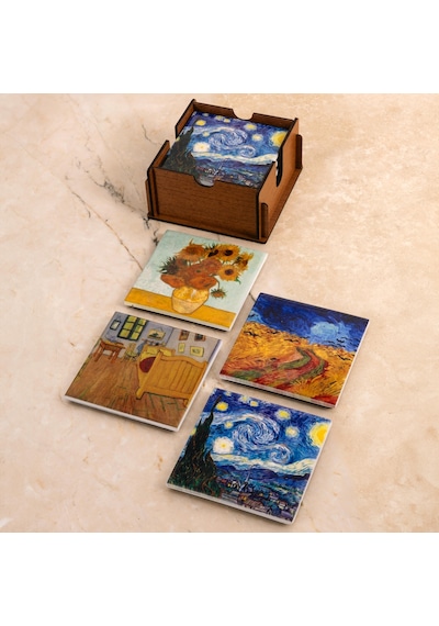 Van Gogh Seramik Ahşap Kutulu 4'lü Bardak Altlığı