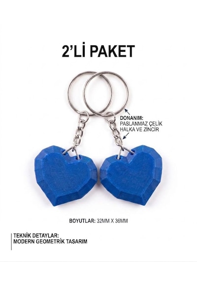 2'li Geometrik Kalp 3d Anahtarlık & Çanta Süsü Mavi
