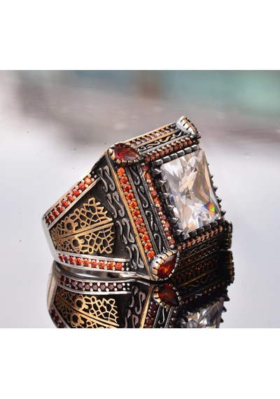 Sert Gümüş Erkek Yüzük - Yapay Kristal Taş - Vintage Tasarım Gümüş