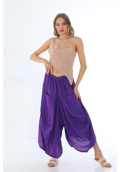 Bohem Stil İtalyan Cepli Keten Şalvar Pantolon Cmn00154 Mor