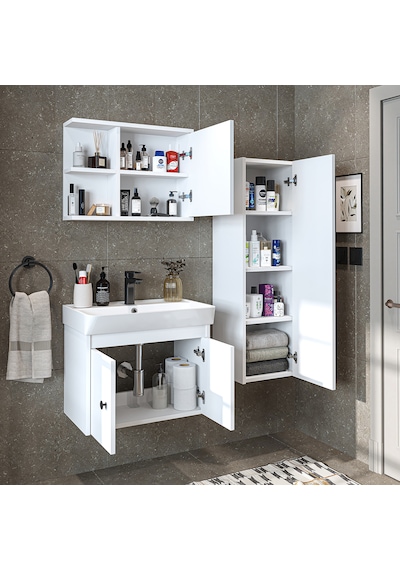 Ada Lavabolu Banyo Alt Dolabı + Banyo Üst Dolabı + Boy Dolap Byz Mat Beyaz