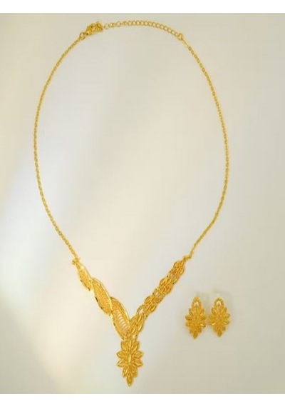 24k Altın Kaplama Çiçekli Etnik Kolye Ve Küpe Takı Seti Altın
