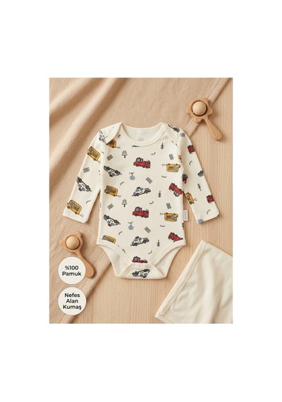Deniva Kids Erkek Bebek & Çocuk %100 Pamuklu Kaşkorse Uzun Kollu Taşıtlar Desenli Çıtçıtlı Badi Zıbın Bej