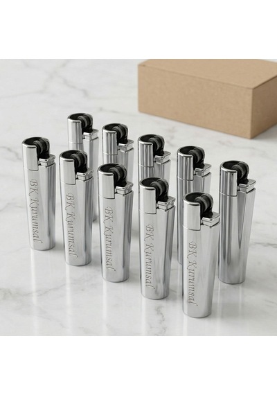 Bk Kurumsal Firma İsimli Silver Clipper Çakmak 10 Adet Metal Gövdeli Hediye Kutulu Gümüş