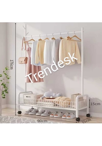 Metal Krem 2 Raflı Raflı Konfeksiyon Askılığı Ayaklı Elbise Askılığı 176cm Krem