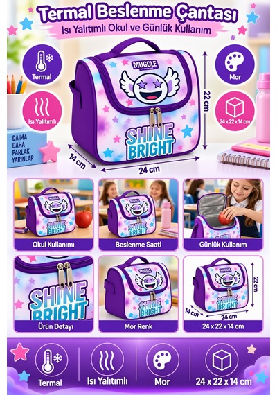 Shine Bright Termal Isı Yalıtımlı Beslenme Çantası Çocuk Okul Yemek Çantası Mor 24x22x14 Cm Çok Renkli
