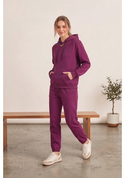 Moibody Kadın 3 İplik Şardonlu Eşofman Takımı Premium Kapüşonlu Sweatshirt Ve Jogger Alt Mürdüm Mürdüm