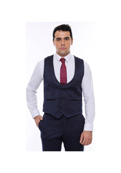 Desenli Kruvaze Koyu Lacivert Erkek Yelek Pantolon Set - Wessi