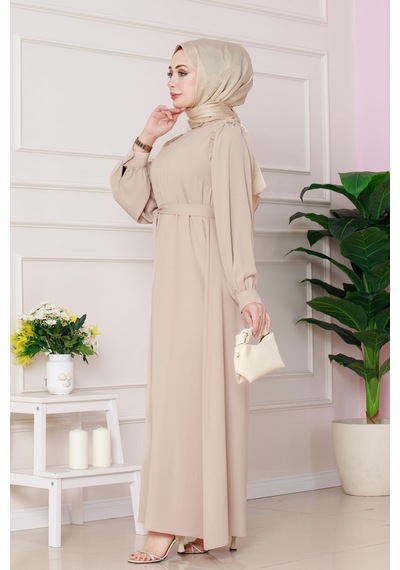 Sevitli Omuzu Taş Detaylı Rose Elbise-bej-4778 Bej