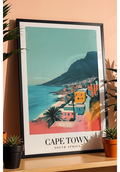 Cape Town South Africa Vintage Seyahat Posteri Çerçeveli Tablo - Premium Masa Dağı Duvar Dekoru Siyah