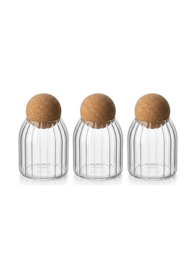 3lü Top Mantar Kapaklı Çizgili Desen Kavanoz 500ml Cam