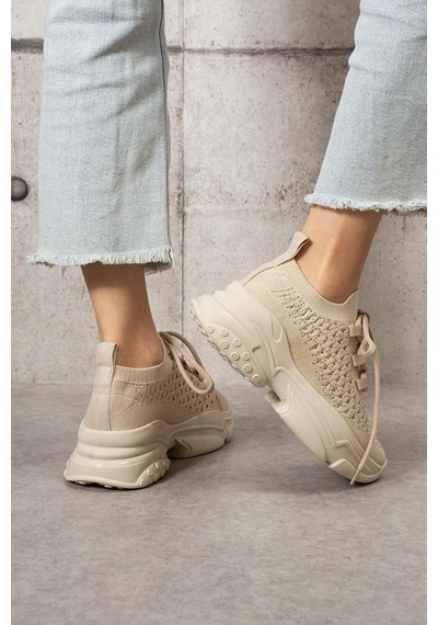 Shoetek Lorda Kadın Sneakers Bağcıklı Triko Dokumalı Spor Ayakkabı Bej Bej