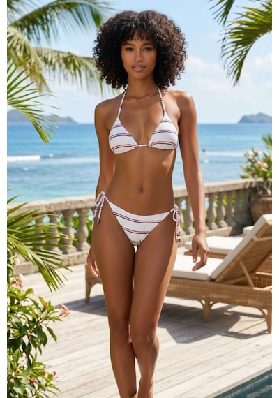 Riviera Beyaz / Kırmızı / Lacivert Çizgili Premium Bağcıklı Üçgen Bikini Set-3455
