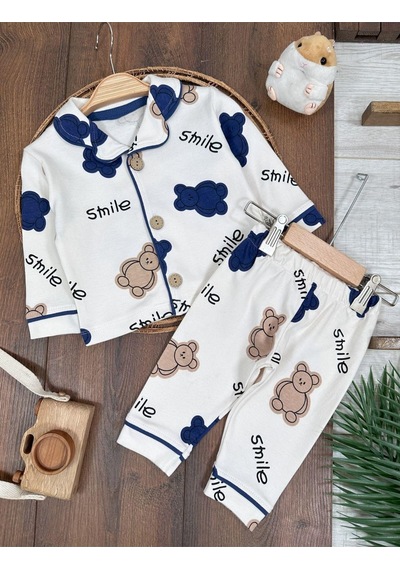 Kruvaze Yaka %100 Pamuk Smile Baskılı Relaxed Mevsimlik Pijama Takımı 4bb2 Beyaz