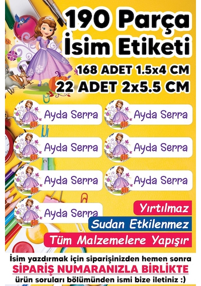 Okul Etiketi Kalem Defter Etiketi Prenses Sofia Temalı Isim Yazılabilen Etiket - 190 Adet