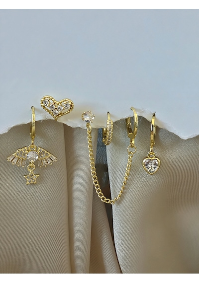 6'lı Anka Kuşu -kalp Sallantılı Zincir Model Zirkon Taşlı Çelik Gold Renk Küpe Seti Altın