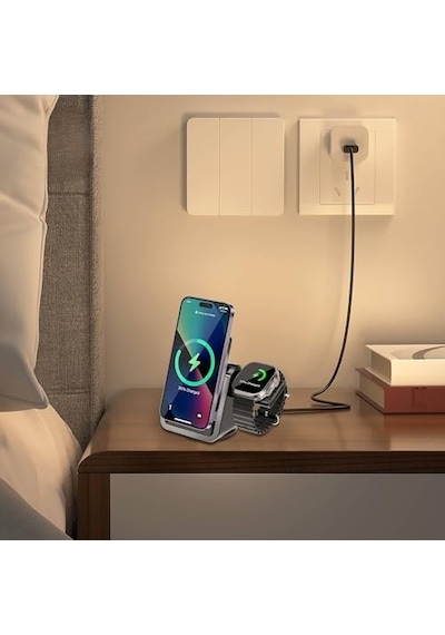 3-in-1 Kablosuz Şarj Standı, Telefon Saat, Ayarlanabilir Açılı, Led Işıklı, İphone İle Uyumlu-watch İle Uyumlu