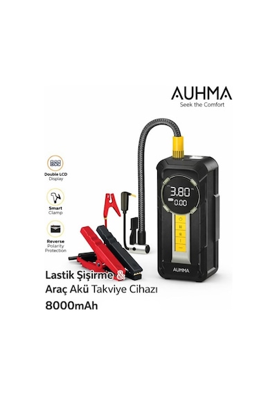 Auhma A8899 4'ü 1 Arada Akü Takviyeli Şarjlı Hava Pompası 8.000 Mah Powerbank & Dijital Fener