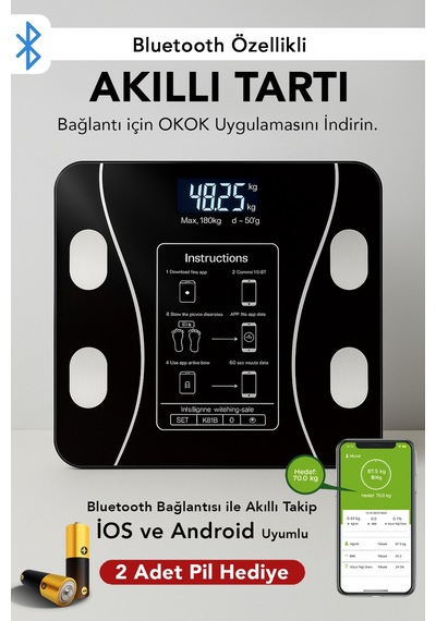 Dijital Bluetooth Baskül - Yağ Su Kas Vücut Kitle Endeksi Kilo Ölçer Tartı Vücut Analiz Cihazı Siyah
