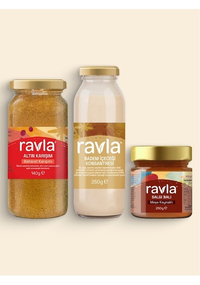 3'lü Ürün - Ravla Badem İçeceği Konsantresi - 250g/ Ravla Salgı Balı Meşe Kaynaklı - 250g / Ravla Altın Karışım 140g