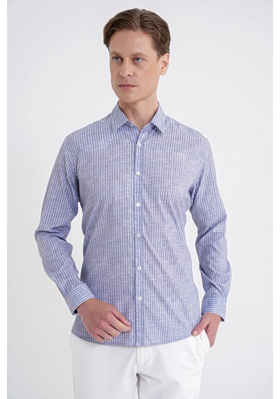 Slim Fit Klapa Yaka Esnek Pamuklu Gri Çizgili Gömlek G 1599