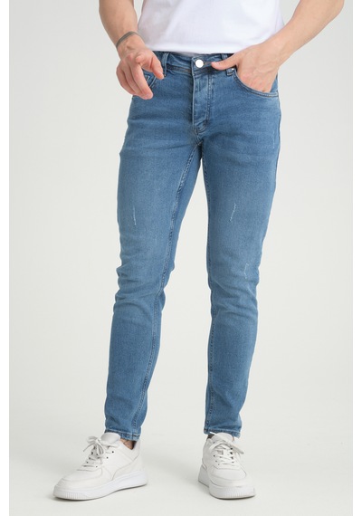 Erkek Skinny Fit Orta Mavi Destroy Skinny Fit Pantolon Orta Mavi