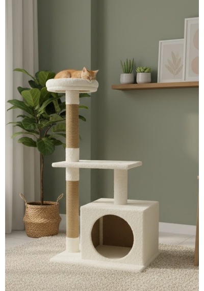 Reyo Pet Kedi Tırmalama Ve Oyun Evi Platformu Beyaz