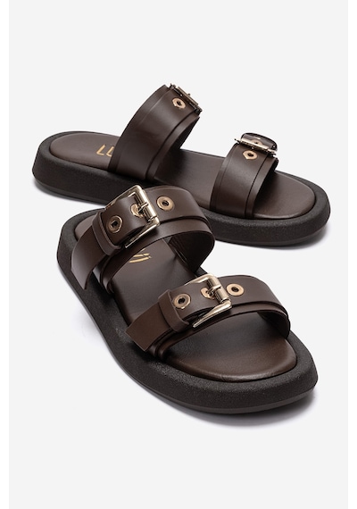 Luvishoes Dorel Kahverengi Hakiki Deri Tokalı Kadın Terlik