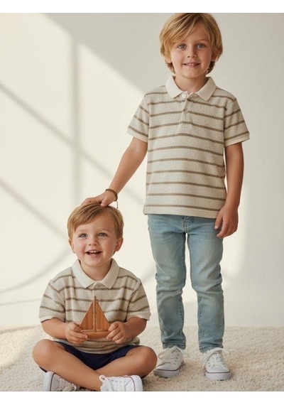 Zekids Erkek Çocuk Yakalı Yarım Kollu Düğmeli Triko T-shirt-16804 Bej