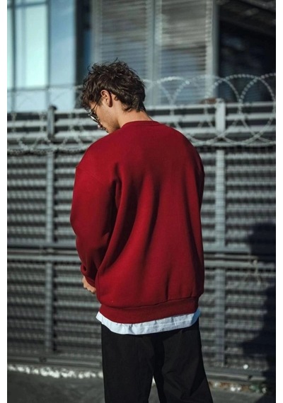 Freedom Storee Erkek Kışlık Bisiklet Yaka Üç İplik Basic Sweatshirt - Bordo Çok Renkli
