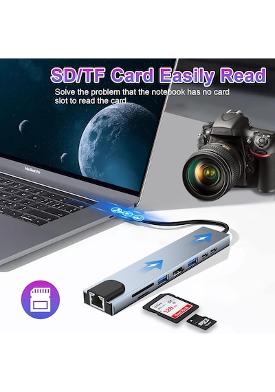 Tech 8-in-1 Usb-c Çoklayıcı Adaptör Hub: 4k Hdmı, Usb 3.0, Sd/micro Sd Kart Okuyucu, Type-c Şarj Ve Veri Portları,