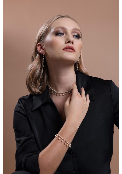 5,5 Mm Dorikalı Sallantılı Damla Doğal İncili Küpe Kolye Bileklik Üçlü Set