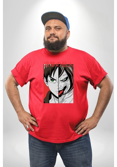 Angemiel Anime Titan Saldırısı Kırmızı Büyük Beden Erkek Kadın Unisex Basic Ön Baskılı Tişört Kırmızı