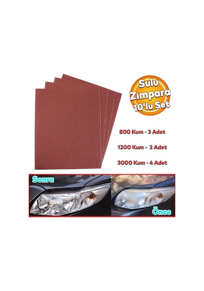 Araç Otomotiv Far Temizle Parlatma İnce Kalın Kum Su Zımpara Kağıt Set 800-1200-3000 Kum 10 Adet