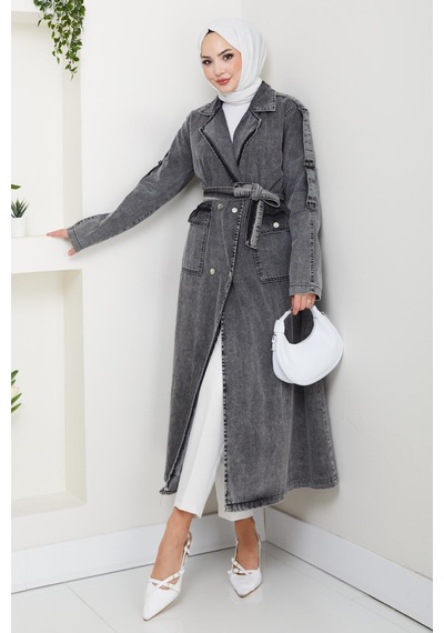 Hb Harma Time Butik Kadın Cepli Kuşaklı Denim Koyu Gri Trençkot