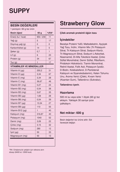Suppy Strawberry Glow Çilekli Proteinli Öğün Tozu 600 G Çilek