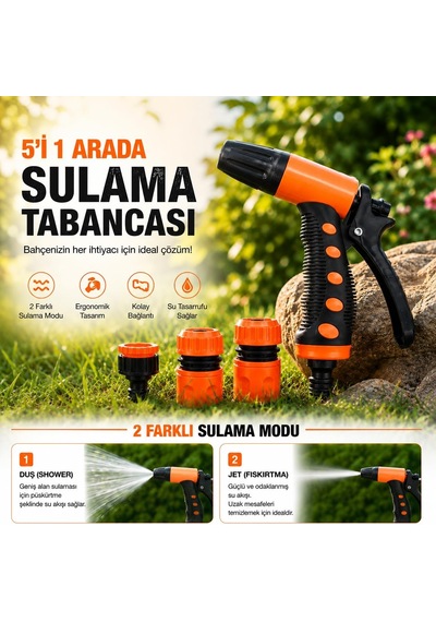 Kınetex 5'i 1 Arada Sulama Tabancası, 5 Modlu Ayarlanabilir Bahçe Hortumu Başlığı, Ergonomik Tetikli Su Püskürtme Aparatı, Hortum Bağlantı Adaptörlü Bahçe Yıkama Ve Sulama Seti