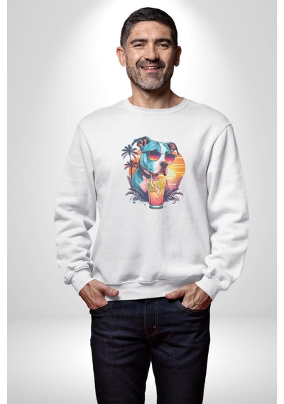 Tatil Köpek Soğuk Kokteyl İçeçek Unisex Beyaz Baskılı Sweatshirt Beyaz