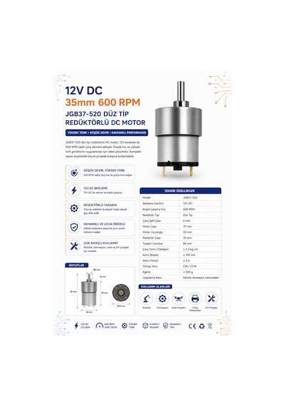 12v 35mm 600 Rpm Jgb37-520 Düz Tip Redüktörlü Dc Motor