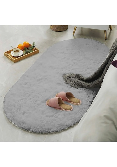 Raschel Carpet Oval Kesme Yolluk Kaymaz Taban Kalın Yumuşak Peluş Halı Özel Taban Açık Gri
