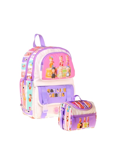 Kaukko Kids Cat Life Kız Çocuk Mor - Krem İlkokul Sırt Çantası Ve Beslenme Çanta Seti - Setkk-l5313b